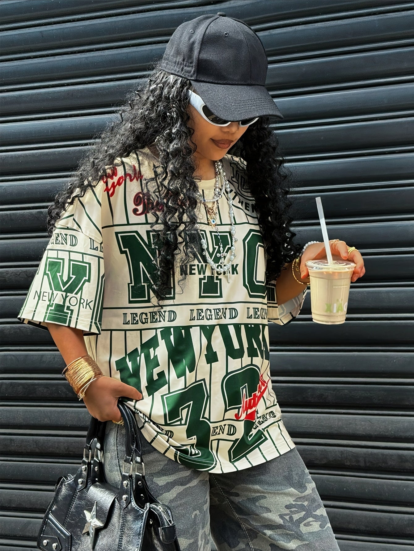 Women's NYC Legend Print Athletic T-Shirt - Casual Crew Neck, Short Sleeve, Lightweight Polyester, Spring/Summer Fashion Top with "N.Y.C. LEGEND" Design, Streetwear Fashion | Trendy Graphic Tee | Glossy Texture Shirt, Ladies SS69