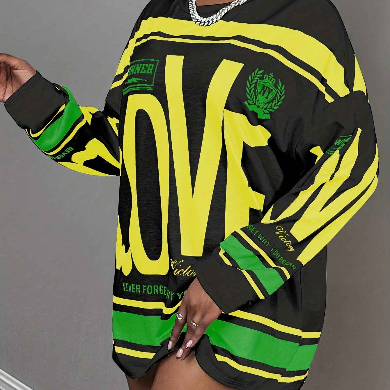 Plus Size - Plus Size - Plus Size - Plus Size - Plus Size Women'S Oversized "LOVE" Letter Print Long Sleeve T-Shirt - Casual Streetwear Style with Pink & Stripes, Comfortable Fabric For All Seasons, Versatile Fashion Top, Plu