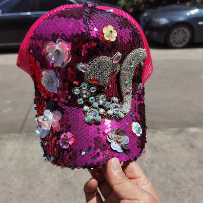 [Anime Baseball Cap] Anime Theme Women's Fashion Baseball Cap - Breathable Mesh, Adjustable Fit, Rhinestones and Floral Embellishments, Hot-stamping Craftsmanship, Sparkling Sequin Duckbill Hat, Carnival/Mardi Gras/Masquerade SS69 13.69 Rose Red