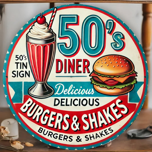 1 Vintage 50'S Diner Metal Sign - Classic Burger & Shake Design, Ideal for Retro Restaurants or Nostalgic Home Kitchen Walls, Durable Iron, 8x8 Inches, Food Wall Art, Perfect for Room Decor SS69