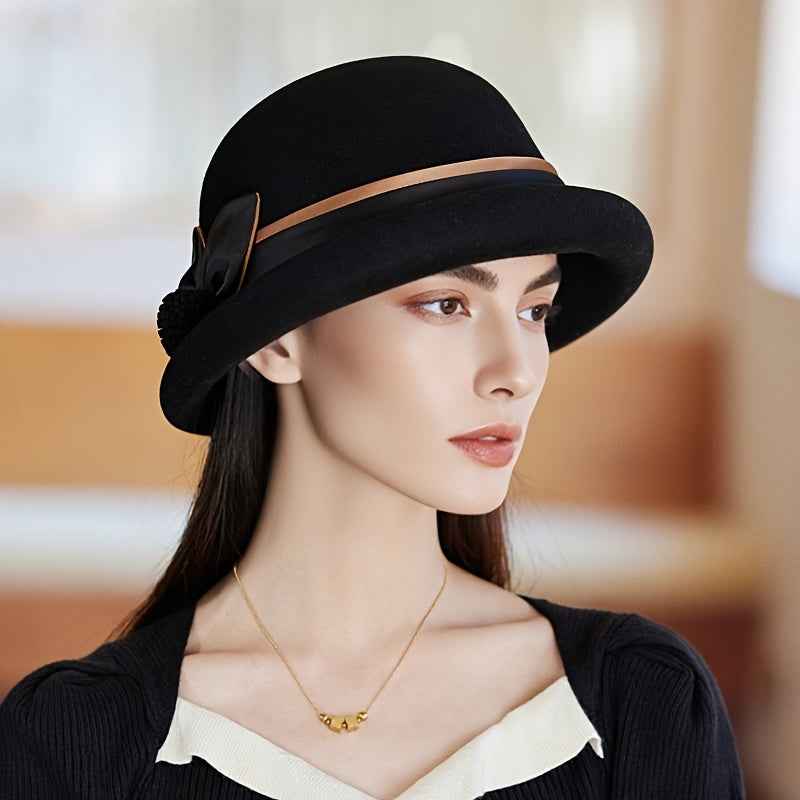 Women'S Elegant English Style Felt Hat - Lightweight Thermal Wide Brimmed Winter Bucket Hat with Brown Neckline, Soft Non-Elastic Design & Ear Flaps, All-Season Snug Fit for Weddings, Parties, New Year'S Events - Machine Wash