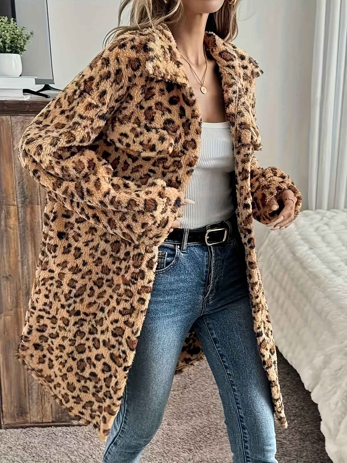 Plus Size - Plus Size - Plus Size - Plus Size - Plus Size - Women'S Plus Size Leopard Print Coat - Casual Long Sleeve Button-Up Jacket with Lapel Collar, Medium Stretch Fabric, Perfect For Fall/winter, Leopard Print Jacket, W