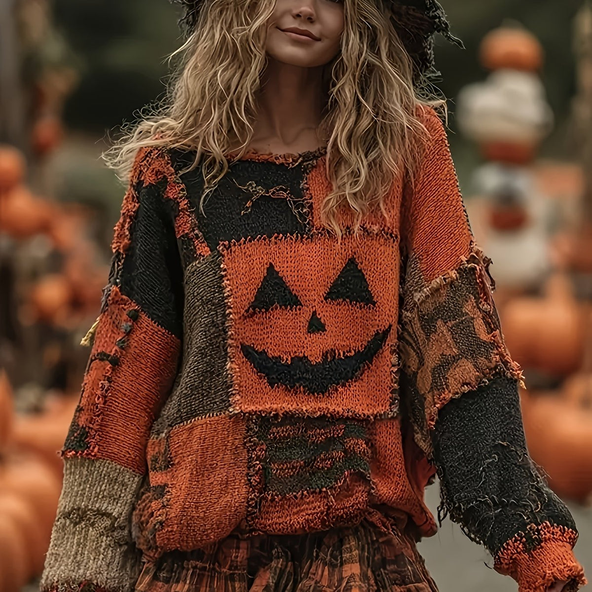 's 3D Pumpkin Monster Sweater - Oversized Round Neck Pullover with Plaid & Jack-o'-Lantern Patches, Warm Winter Costume for Halloween Parties, Casual Fall Outfits (Machine Washable) - Elegant Loose Fit Sweater SS69 26.69 Mixed Color / XXL