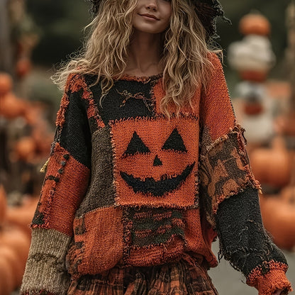 's 3D Pumpkin Monster Sweater - Oversized Round Neck Pullover with Plaid & Jack-o'-Lantern Patches, Warm Winter Costume for Halloween Parties, Casual Fall Outfits (Machine Washable) - Elegant Loose Fit Sweater SS69 26.69 Mixed Color / XXL