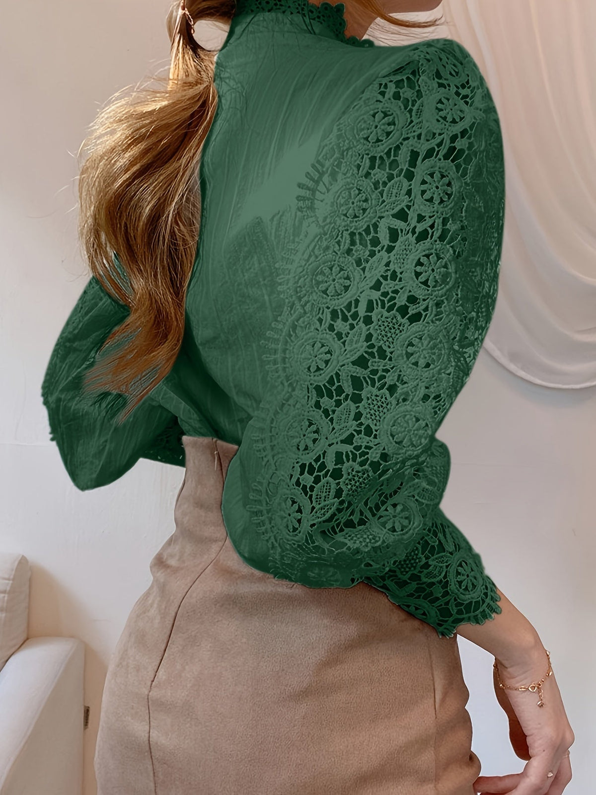 [Pearl Button Blouse] Pearl Button Elegant Victorian-Inspired Lace Blouse - Long Sleeve Mock Neck Green Polyester Pleated Design for Women, Perfect for Halloween Cosplay & Gothic Fashion SS69