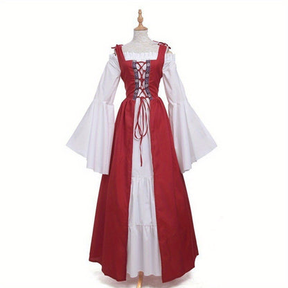 [Elegant Medieval Costume] Elegant Women's Medieval Two-Piece Costume - Renaissance Drama Outfit with Corset-like Bodice & Long Flowing Skirt | Halloween, Renaissance Faire, Themed Parties | Burgundy/White, Black/White, Green
