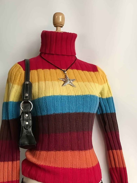 Y2K Retro Sweater, Multicolor Horizontal Striped Gothic Punk Rock Rainbow, Winter Warm Collar Long Sleeve Coat, Machine Washable Layered Outfit, Pink/Blue/Yellow/Black/Brown