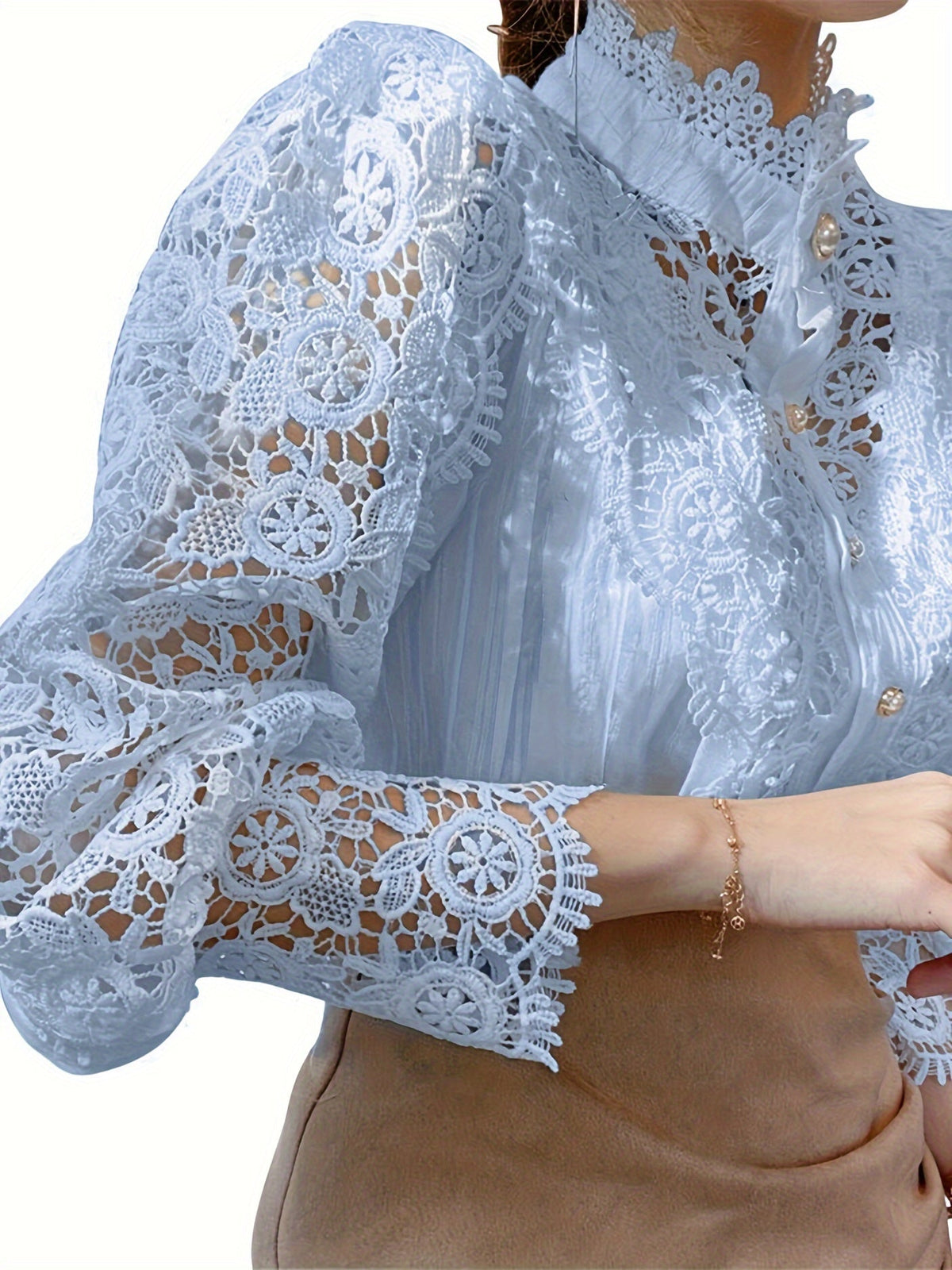 [Pearl Button Blouse] Pearl Button Elegant Victorian-Inspired Lace Blouse - Long Sleeve Mock Neck Green Polyester Pleated Design for Women, Perfect for Halloween Cosplay & Gothic Fashion SS69