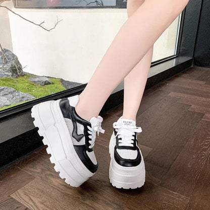 8CM Spring Summer Thick Sole Casual Dad Shoes Breathable Mesh Chunky Sneakers Lace - up High Platform Sports Shoes Zapatos Mujer - SS69