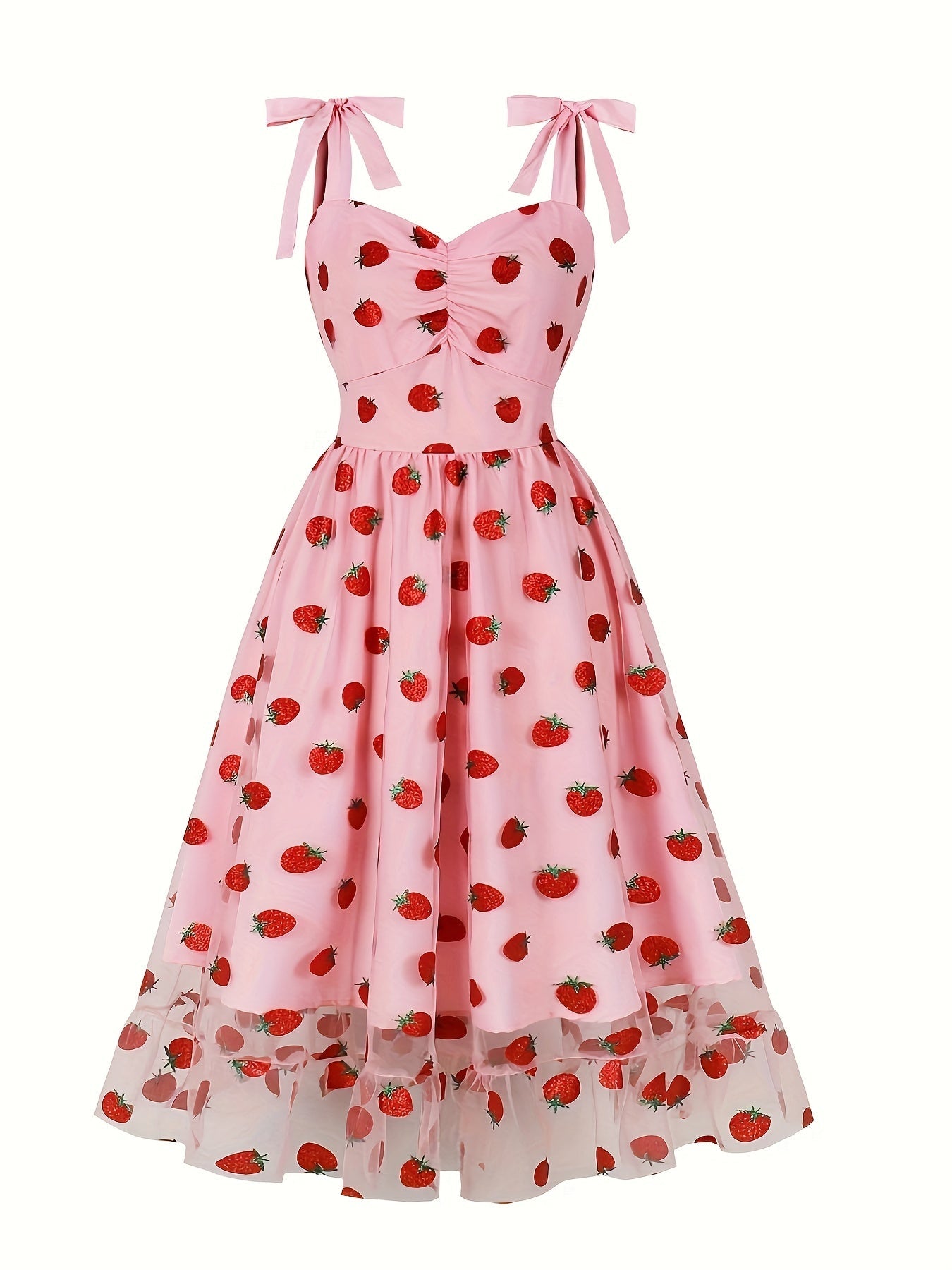 Women's 1950s Retro Vintage Dress Adjustable Spaghetti Straps Mesh Strawberry Swing Dress Cocktail Dress SS69