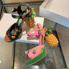 Women's Pineapple Print Platform Sandals - Thick Sole Super High Heels with Ankle Strap Closure, Open-Toe Summer Party Shoes in Pink & Green, Durable Fabric Upper & Rubber Sole for Dressy Occasions, Beachwear, Themed Events -