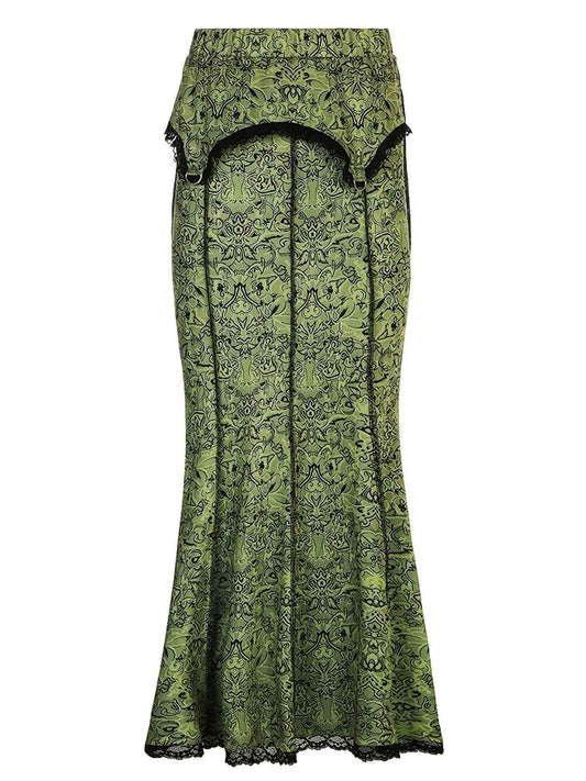 Graphic Print Lace Trim Mermaid Skirt, Elegant Slim Bodycon Skirt For Spring & Fall, Women's Clothing