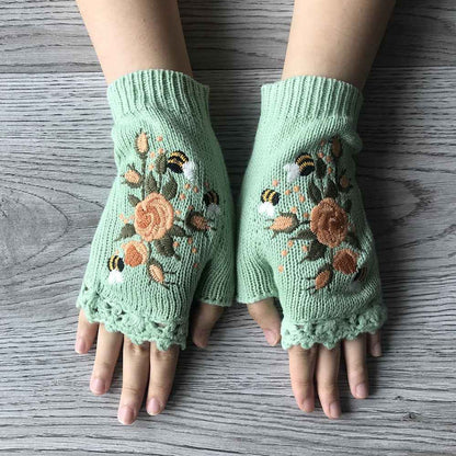Short Fingerless Elastic Flower Bee Embroidered Knit Gloves Autumn Winter Coldproof Warm Gloves