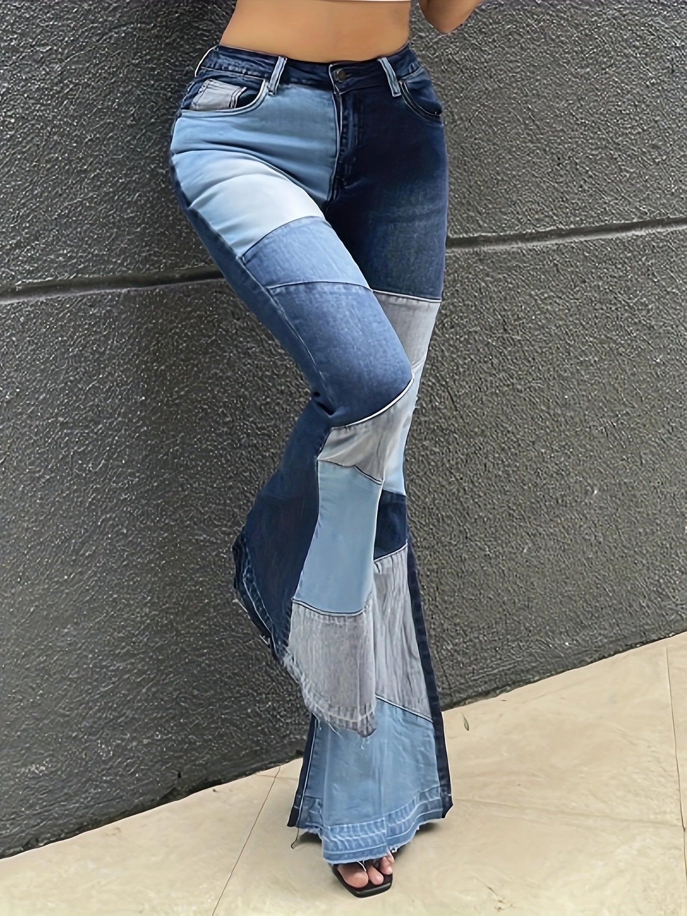Women's Elegant Casual Colorblocked Denim Flare Pants - Contrast Stitching Detail, Machine Washable, All-Season Long Length for Casual Outings & Casual Attire, Versatile Fashion, Sturdy Construction - SS69 