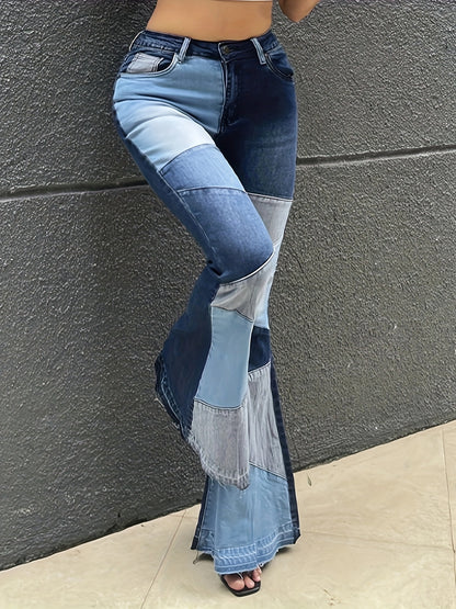 Women's Elegant Casual Colorblocked Denim Flare Pants - Contrast Stitching Detail, Machine Washable, All-Season Long Length for Casual Outings & Casual Attire, Versatile Fashion, Sturdy Construction - SS69 