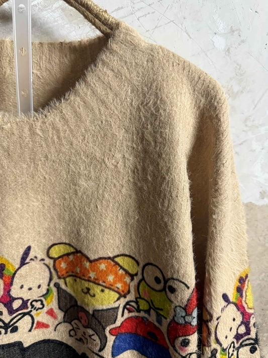 Sanrio for kuromi Women'S Vintage-Inspired Faux Fur Sweater - Cozy Loose Fit, Color-Block Design with Playful Cartoon Print, Long Sleeves, Round Neck, Perfect for Fall/Winter, Casual Wear, Casual Wear Sweater | Playful Print