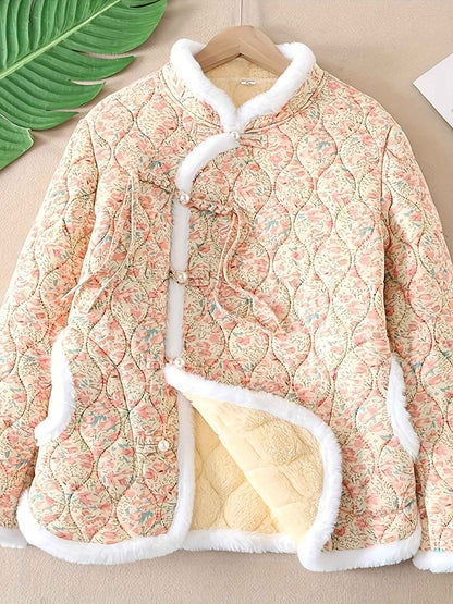 Plus Size, Women's Chinese Style Winter Coat with Cheona Collar (Standing Pronunciation) - Thick Padded Warm Jacket, Retro Button Front, Zipper Back Closure, Machine Washable Outerwear