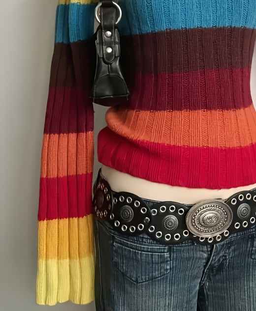 Y2K Retro Sweater, Multicolor Horizontal Striped Gothic Punk Rock Rainbow, Winter Warm Collar Long Sleeve Coat, Machine Washable Layered Outfit, Pink/Blue/Yellow/Black/Brown