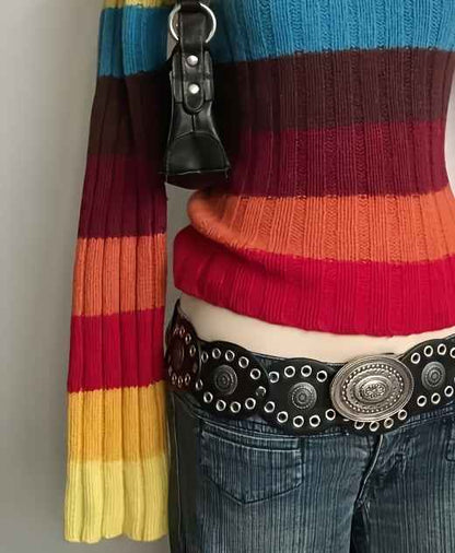 Y2K Retro Sweater, Multicolor Horizontal Striped Gothic Punk Rock Rainbow, Winter Warm Collar Long Sleeve Coat, Machine Washable Layered Outfit, Pink/Blue/Yellow/Black/Brown