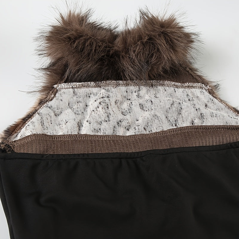 Retro Furry Patchwork Leopard Print Color-Blocked High-Neck Crop Top, Sleeveless And Sexy Backless, Inspired by Japanese And Korean Street Fashion. SS69