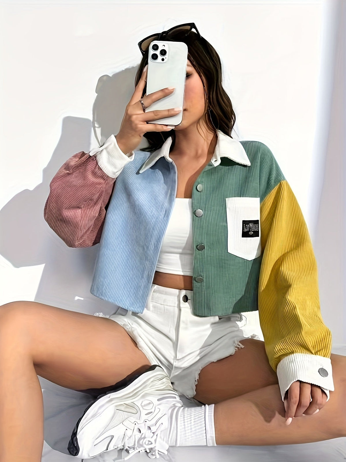 Off Shoulder Jacket - Color Block Letter Patch, Stylish for Casual Wear SS69