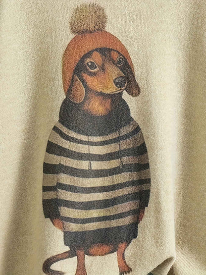 [Cute Sweater] Cute Dachshund Dog Plus Size Women's Casual Round Neck Long Sleeve Sweater | 3D Digital Print, Navy Blue, Cozy Fall Winter Top, Dog Sweater, Winter Comfort Clothing, Texture