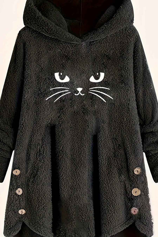 Plus Size, Women's Plus Size Cat Print Button Detail Hem Plush Casual Long Sleeve Hooded Sweatshirt