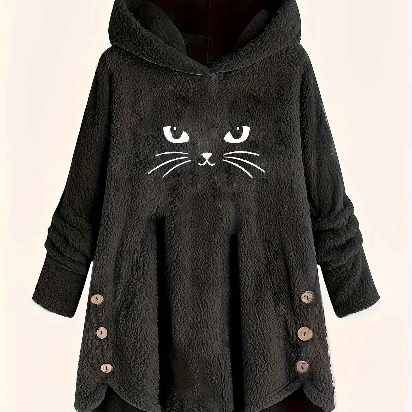 Plus Size, Women's Plus Size Cat Print Button Detail Hem Plush Casual Long Sleeve Hooded Sweatshirt