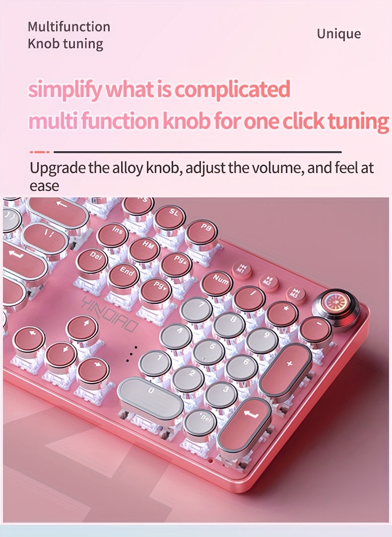 YINDIAO Pink Mechanical Keyboard with Cherry Switches - Retro Punk Design, Backlit Gaming Keyboard for Office & Home Use, Office Keyboard | Pink Keyboard | Nonslip Texture SS69