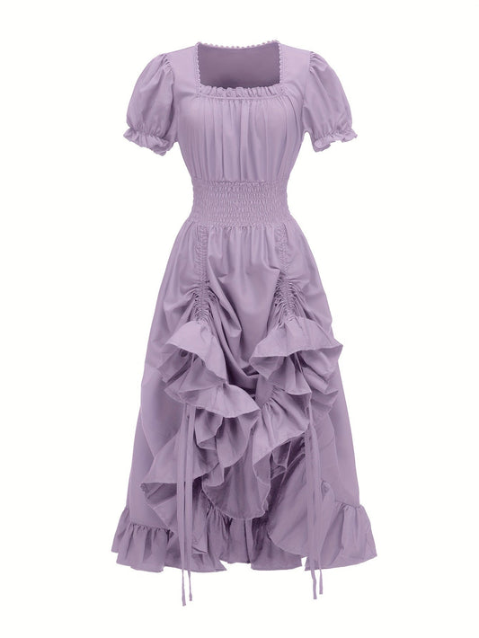 Renaissance Victorian Vintage Square Neck Short Sleeve Dress - Light Blue A-Line Umbrella Skirt with Ruffled Layers, Elegant Cosplay Costume for Halloween, Themed Parties & Special Occasions, Halloween Costumes, Sophisticated SS69