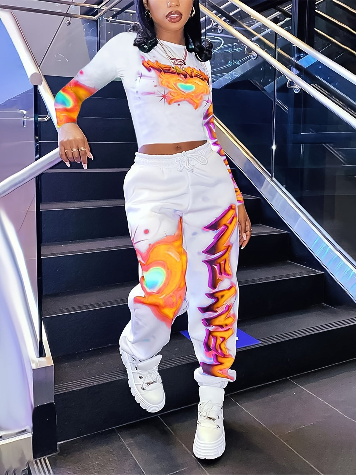 [Vibrant Y2K-Inspired Activewear Set] Vibrant Y2K-Inspired Heart & Letter Print Activewear Set - Long Sleeve Crop Top & Drawstring Joggers, Polyester/Spandex Blend, Perfect for Daily Fitness & Outdoor Fashion SS69