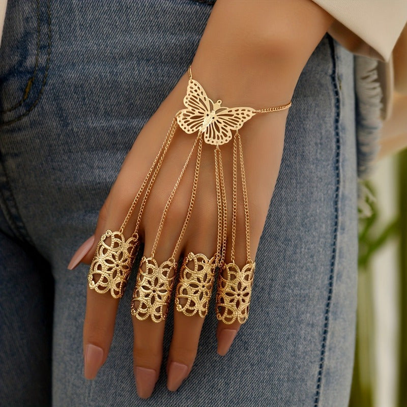 1pc Boho Punk Style 14K Golden Plated Copper Hand Chain, Exaggerated Butterfly Finger Ring Bracelet for Women, Versatile Jewelry for Daily and Banquet Occasions, All-Season Accessory SS69