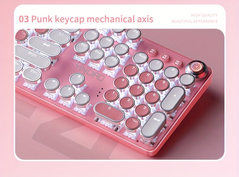 YINDIAO Pink Mechanical Keyboard with Cherry Switches - Retro Punk Design, Backlit Gaming Keyboard for Office & Home Use, Office Keyboard | Pink Keyboard | Nonslip Texture SS69