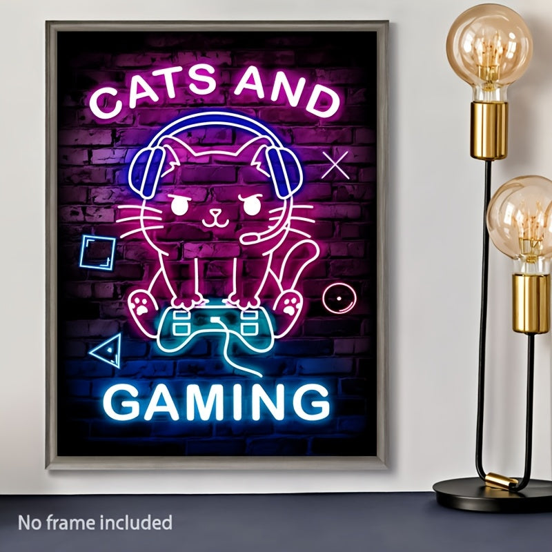 Room Decor 1pc Chic Cat and Neon Gaming Canvas Print Poster, Vibrant Wall Art Decor, Unique Creative Animal & Cartoon Themed Canvas Artwork, 30.48cm x 40.64cm with Frameless for Living Room, Bedroom, Office, Dining Room, Wate SS69