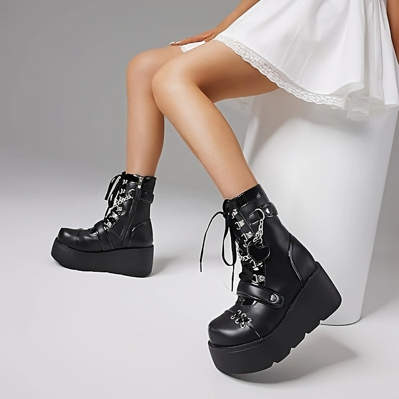 [Goth Rave High Heel Boots] Goth Rave High Heel Round Toe Zipper Wedges Mid Calf Booties - Platform Ankle Boots For Women - Kawaii Shoes SS69