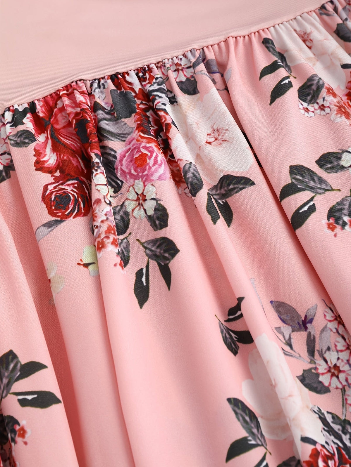 [Pink Floral Dress] Polyester Women's Pink Floral A-Line Dress - Long Sleeves, Round Neck, Machine Washable, Belt Detail, Perfect for Spring/Summer SS69