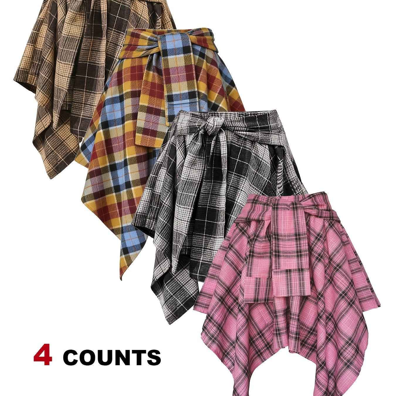 Plus Size - Plus Size - 4-Pack Plus Size Pleated Plaid Skirt | Women High Waist A-Line Elastic Waist Midi Skirt Casual Vintage Checkered Skirt With Slight Stretch Fabric