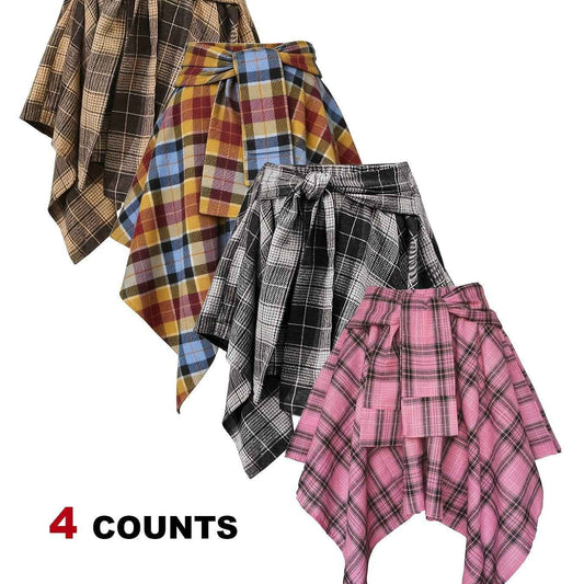 Plus Size - Plus Size - 4-Pack Plus Size Pleated Plaid Skirt | Women High Waist A-Line Elastic Waist Midi Skirt Casual Vintage Checkered Skirt With Slight Stretch Fabric