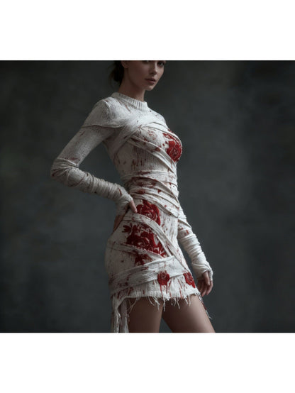 Women's Gothic Skeleton Print Sweater Dress - Form-Fitting Short Sleeve A-Line Dress with Round Neck, Hand Washable Costume Party Outfit for Halloween, Themed Events & Casual Wear (Skeleton Pattern) SS69