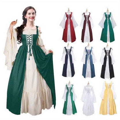 [Elegant Medieval Costume] Elegant Women's Medieval Two-Piece Costume - Renaissance Drama Outfit with Corset-like Bodice & Long Flowing Skirt | Halloween, Renaissance Faire, Themed Parties | Burgundy/White, Black/White, Green