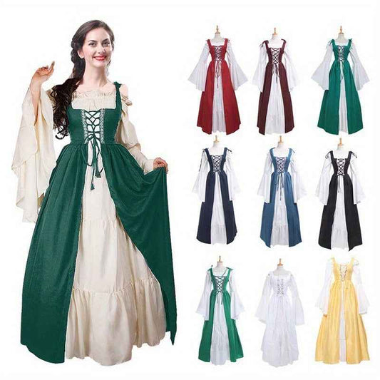 [Elegant Medieval Costume] Elegant Women's Medieval Two-Piece Costume - Renaissance Drama Outfit with Corset-like Bodice & Long Flowing Skirt | Halloween, Renaissance Faire, Themed Parties | Burgundy/White, Black/White, Green