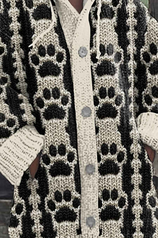 Plus Size, Plus Size Women's Oversized Hooded Cardigan Sweater Coat - Black & White Geometric Striped All-Over Print, Button-Front Jacket with Pocket, Soft Stackable Collar, Winter Warm Coat for Casual & Formal Wear (Hand Was