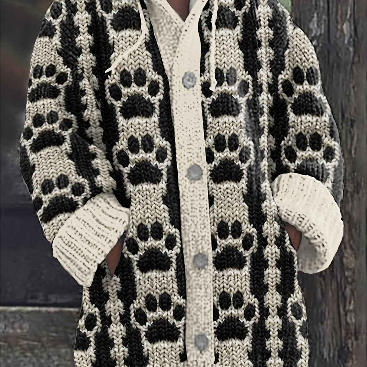 Plus Size, Plus Size Women's Oversized Hooded Cardigan Sweater Coat - Black & White Geometric Striped All-Over Print, Button-Front Jacket with Pocket, Soft Stackable Collar, Winter Warm Coat for Casual & Formal Wear (Hand Was