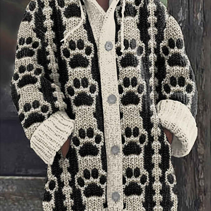 Plus Size, Plus Size Women's Oversized Hooded Cardigan Sweater Coat - Black & White Geometric Striped All-Over Print, Button-Front Jacket with Pocket, Soft Stackable Collar, Winter Warm Coat for Casual & Formal Wear (Hand Was