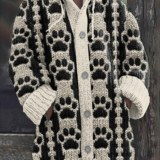 Plus Size, Plus Size Women's Oversized Hooded Cardigan Sweater Coat - Black & White Geometric Striped All-Over Print, Button-Front Jacket with Pocket, Soft Stackable Collar, Winter Warm Coat for Casual & Formal Wear (Hand Was