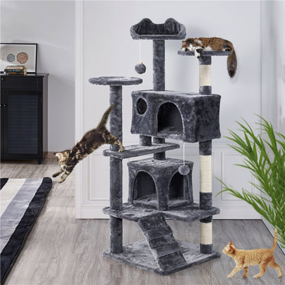 Costoffs Cat Tree 54in/70in/62in/80in/23.5in Cat Tower Condo with 2 Condos & 2 Dangling Balls & 3 Scratching Posts Large Cat House for for Kittens & Cats, Dark Gray/Light Gray/Beige/Black/Pink/Brown/Navy Blue/Green, Brown/W SS69