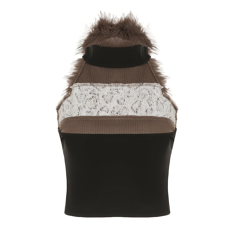 Retro Furry Patchwork Leopard Print Color-Blocked High-Neck Crop Top, Sleeveless And Sexy Backless, Inspired by Japanese And Korean Street Fashion. SS69