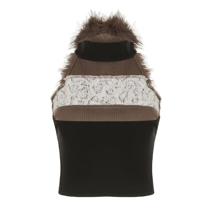 Retro Furry Patchwork Leopard Print Color-Blocked High-Neck Crop Top, Sleeveless And Sexy Backless, Inspired by Japanese And Korean Street Fashion. SS69