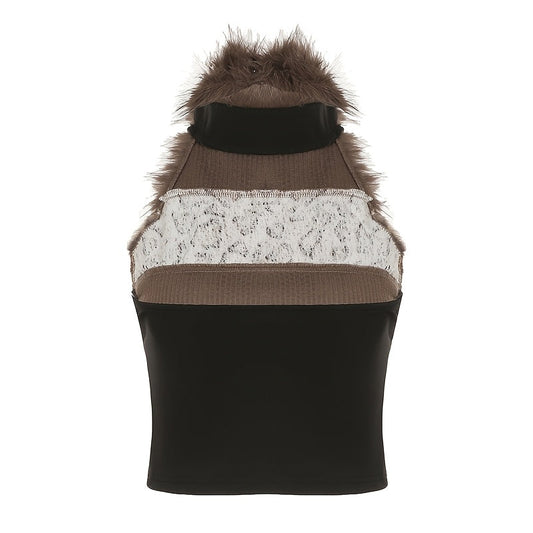 Retro Furry Patchwork Leopard Print Color-Blocked High-Neck Crop Top, Sleeveless And Sexy Backless, Inspired by Japanese And Korean Street Fashion. SS69