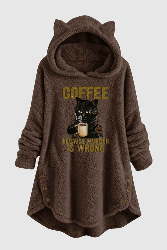 Plus Size - Women'S Plus Size Casual Teddy Hoodie with Cat Ears and Button Details | Long Sleeve, Asymmetrical Hem, Fall/Winter, Animal Print, Pullover Style